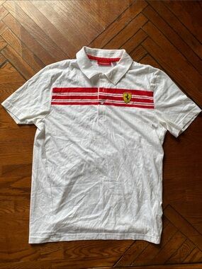 Ferrari White Polo Shirt with Red Chest Stripes and Shield